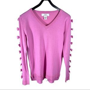 MAGASCHONI Womens Sz S Pink Sweater Cut Out Bows on Sleeves Vee Neck